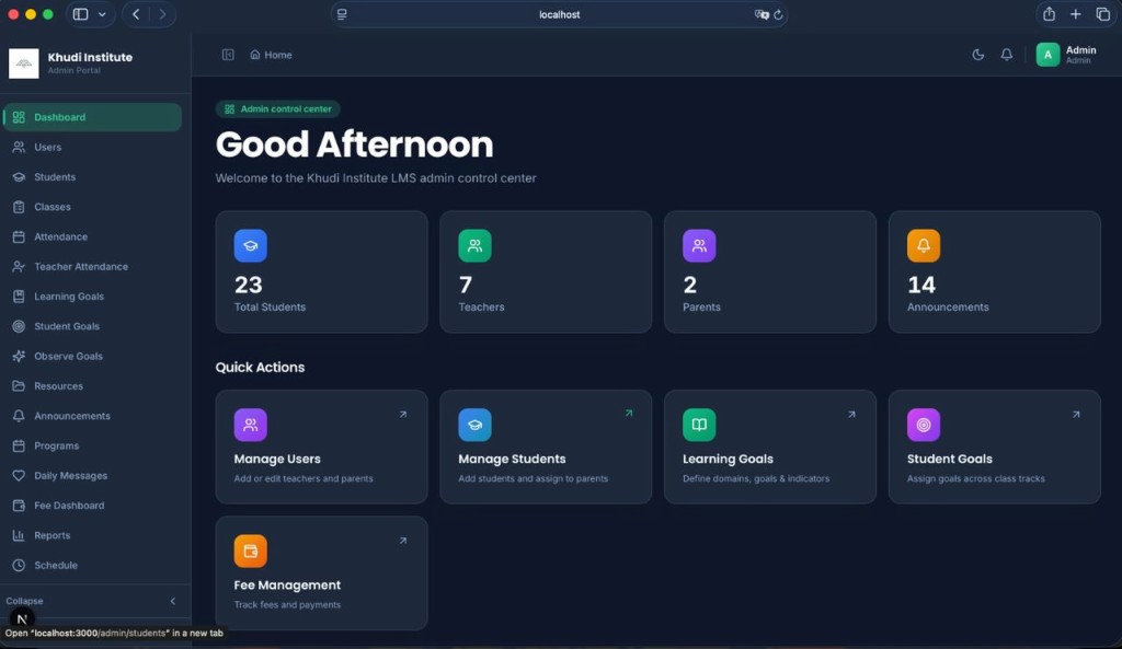 Khudi CRM & LMS — School Management System — Admin & Teacher Portals